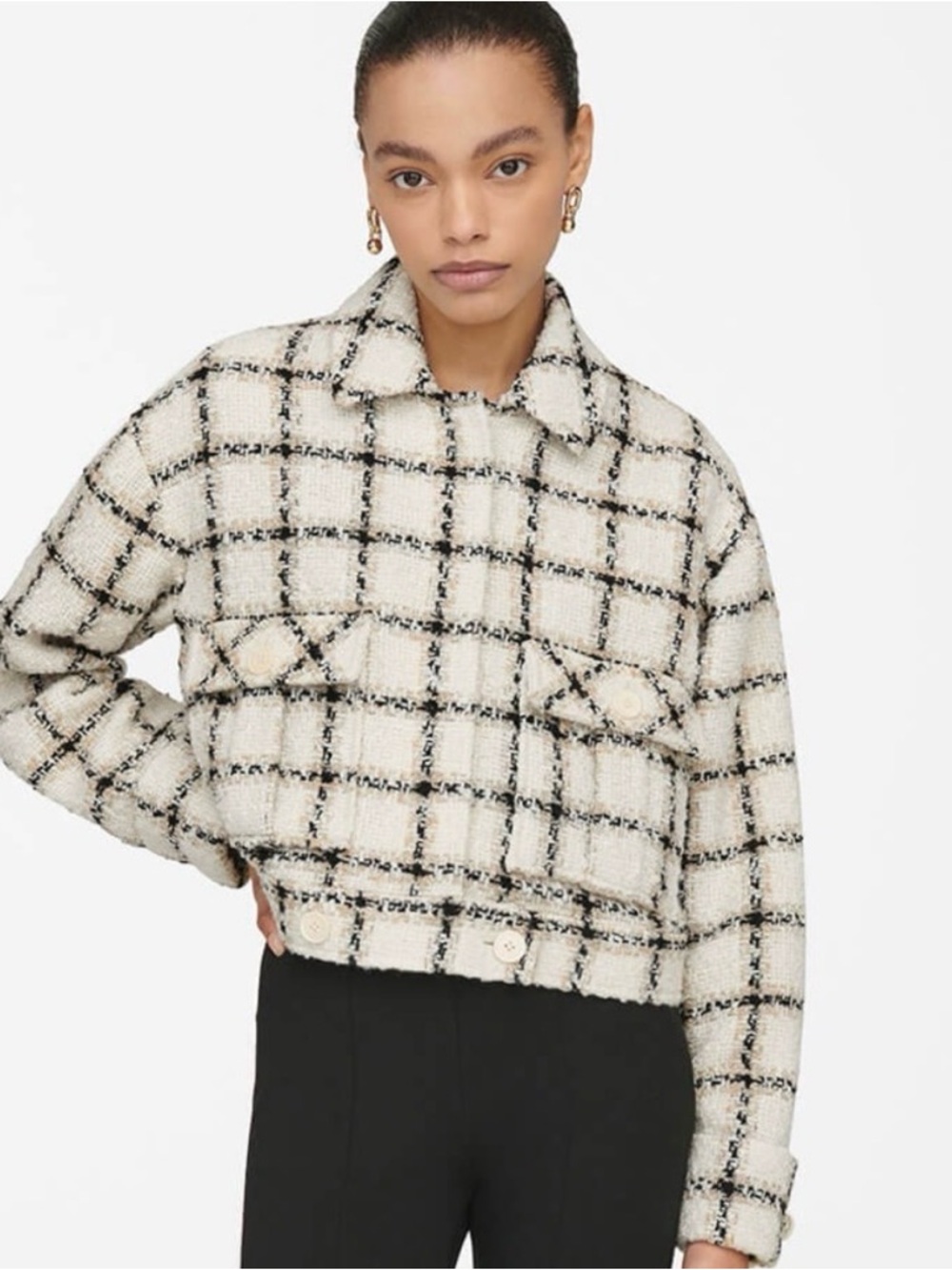 Anine Bing Cropped Adriana Plaid Jacket in Cream and Black